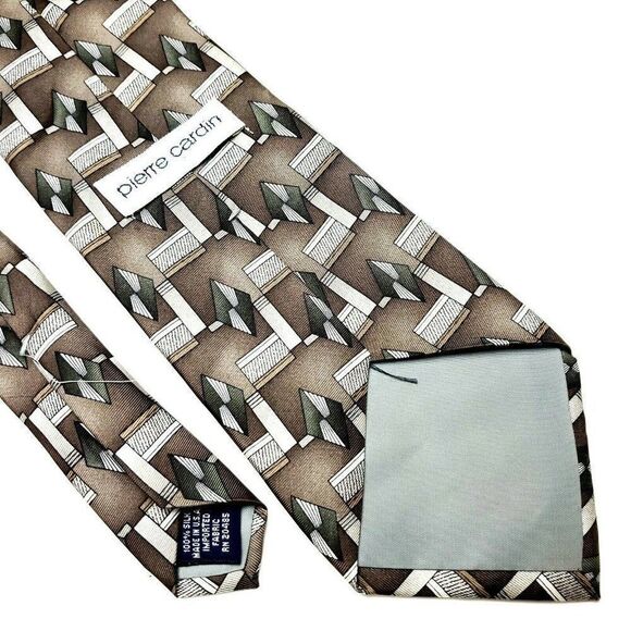 Pierre Cardin Silk‎ Tie Brown Green Print Geometric Wide - Picture 5 of 6
